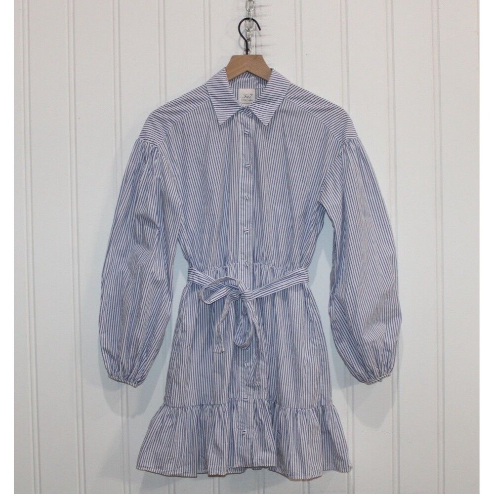 Cinq à Sept Kelly Shirtdress 0 Blue White Stripe Belted Mini Preppy Cotton Dress